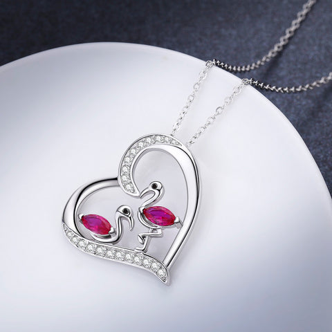 Sterling Silver Animal Heart Pendant Flamingo Bird Pendant Necklace