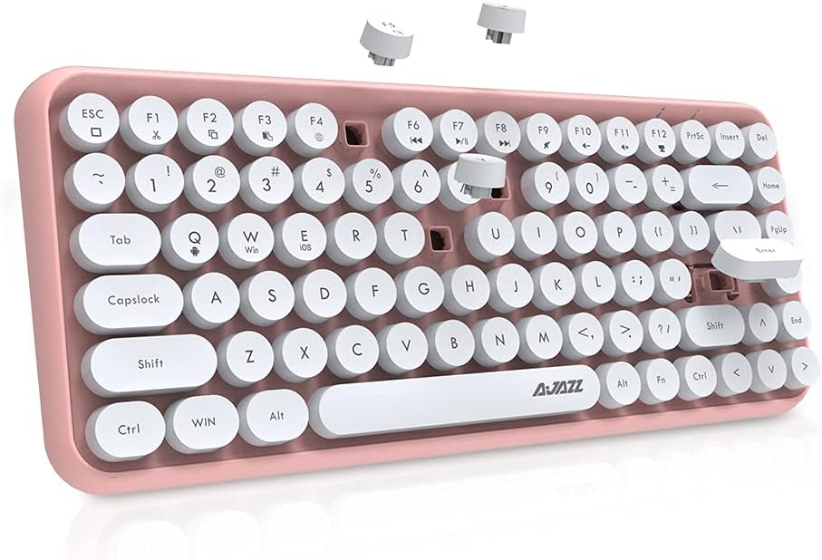 VAFSKY 84-Key Pink Wireless Bluetooth Keyboard with Cute Retro Round Keycaps, Comfortable Ergonomic Typewriter Keyboard Compatible with Android Windows iOS for Home and Office Keyboard